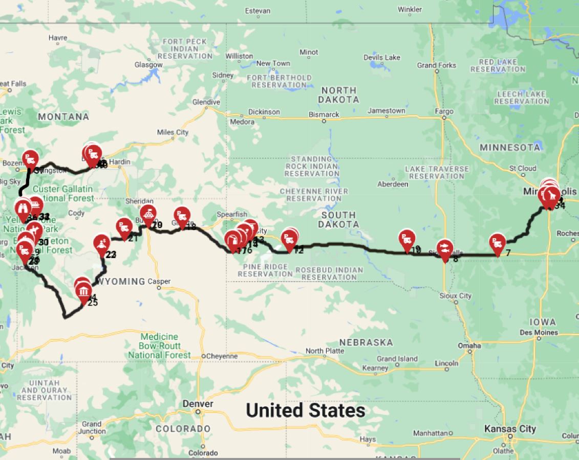 Map for Minneapolis to Billings - including the Yellowstone